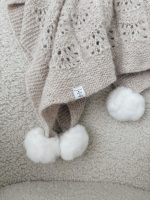 Hand-Knitted Beige Alpaca Baby Blanket – Pom Pom Accent - Image 2