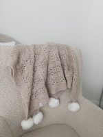 Hand-Knitted Beige Alpaca Baby Blanket – Pom Pom Accent - Image 4