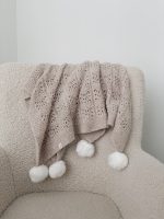 Hand-Knitted Beige Alpaca Baby Blanket – Pom Pom Accent - Image 7