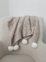 Hand-Knitted Beige Alpaca Baby Blanket – Pom Pom Accent - Image 6