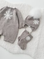 Merino Knit Baby Romper Set, Snowflake Embroidery, Photo Prop - Image 7