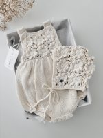 Baby Girl Cream Romper and Bonnet Set – Cotton Blend - Image 3
