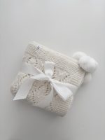 Cream Alpaca Baby Blanket – Hand-Knitted, Genuine Fur Pom Poms - Image 3