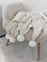 Hand Knitted Cream Alpaca Baby Blanket – Fur Pom Poms