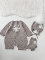 Merino Knit Baby Romper Set, Snowflake Embroidery, Photo Prop - Image 3