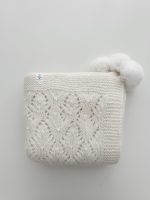 Hand Knit Cream Alpaca Baby Blanket – Genuine Fur Pom Poms - Image 5