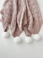Hand Knit Alpaca Baby Blanket - Pink Marble, Genuine Fur Pom Poms - Image 3