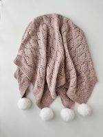 Hand Knit Alpaca Baby Blanket - Pink Marble, Genuine Fur Pom Poms
