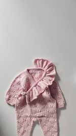 Merino Knit Baby Romper and Bonnet Set - Pale Pink - Image 3
