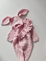 Merino Knit Baby Romper and Bonnet Set - Pale Pink - Image 8