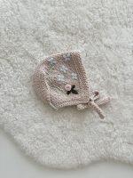 Embroidered Baby Bonnet – Hand Knit Merino Wool, Beige, 0-3 Months - Image 2