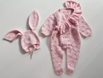 Merino Knit Baby Romper and Bonnet Set - Pale Pink