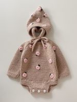 Embroidered Rose Merino Wool Baby Romper and Bonnet Set - Image 3