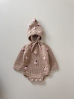 Embroidered Rose Merino Wool Baby Romper and Bonnet Set - Image 6