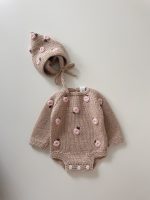 Embroidered Rose Merino Wool Baby Romper and Bonnet Set - Image 2