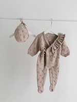 Beige Merino Baby Romper with Ruffle & Bonnet Set (6-9 Months) - Image 4