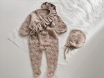 Beige Merino Baby Romper with Ruffle & Bonnet Set (6-9 Months)
