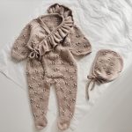 Beige Merino Baby Romper with Ruffle & Bonnet Set (6-9 Months)