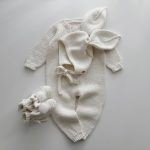 Merino Wool Knit Baby Bunny Outfit – Cream Romper, Bonnet & Booties