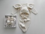 Merino Wool Knit Baby Bunny Outfit – Cream Romper, Bonnet & Booties - Image 2