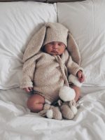 Alpaca Beige Knit Bunny Outfit – Bonnet, Romper & Booties - Image 2