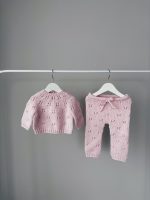 Hand Knit Merino Wool Baby Set – Pink Sweater, Pants & Elephant Toy - Image 3