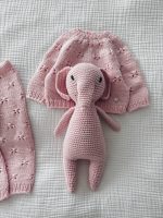 Hand Knit Merino Wool Baby Set – Pink Sweater, Pants & Elephant Toy - Image 2