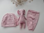 Hand Knit Merino Wool Baby Set – Pink Sweater, Pants & Elephant Toy - Image 4