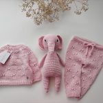 Hand Knit Merino Wool Baby Set – Pink Sweater, Pants & Elephant Toy