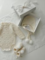 Merino Wool Baby Outfit – Popcorn Romper, Booties & Bonnet Set - Image 2
