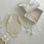 Merino Wool Baby Outfit – Popcorn Romper, Booties & Bonnet Set