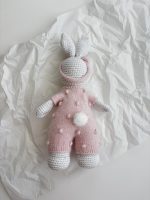 Crochet Bunny Toy – Merino Wool, Pink Angora Romper - Image 3