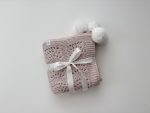 Hand Knitted Alpaca Baby Blanket - Pink Marble with Fur Pom Poms - Image 5