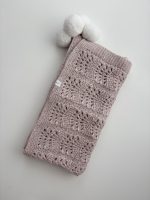 Hand Knitted Alpaca Baby Blanket - Pink Marble with Fur Pom Poms - Image 6