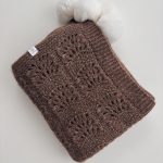 Hand Knit Baby Alpaca Blanket – Brown Knit, Fur Pom Poms