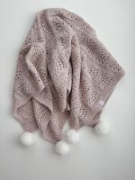 Hand Knitted Alpaca Baby Blanket - Pink Marble with Fur Pom Poms