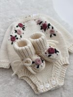 Merino Knit Baby Romper Set, Floral Bonnet & Booties - Image 4