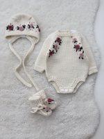 Merino Knit Baby Romper Set, Floral Bonnet & Booties - Image 8