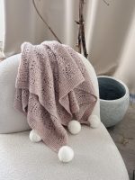 Hand Knitted Alpaca Baby Blanket - Pink Marble with Fur Pom Poms - Image 3
