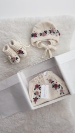 Merino Knit Baby Romper Set, Floral Bonnet & Booties - Image 3