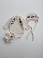 Merino Knit Baby Romper Set, Floral Bonnet & Booties - Image 2