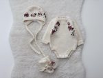 Merino Knit Baby Romper Set, Floral Bonnet & Booties