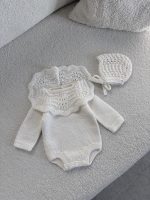 Hand Knitted Merino Baby Romper and Bonnet Set – White Photo Prop - Image 4