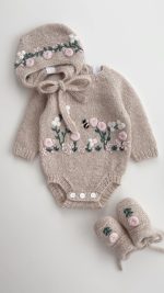 Baby Girl Alpaca Romper Set – Beige Knit Outfit with Bonnet & Booties - Image 6