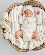 Baby Alpaca Knit Romper Set, Bonnet and Socks, Cream Photo Prop
