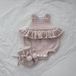 Ruffle Romper and Bunny Booties Set – Pale Pink Mohair Blend, 0-3 Months