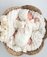 Baby Alpaca Knit Romper Set, Bonnet and Socks, Cream Photo Prop - Image 6