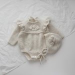 Embroidered Baby Alpaca Romper and Bonnet Set - Cream Knit Outfit