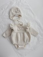 Embroidered Baby Alpaca Romper and Bonnet Set - Cream Knit Outfit - Image 7
