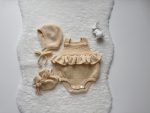 Merino Wool Baby Outfit: Ruffle Romper, Bonnet & Booties Set